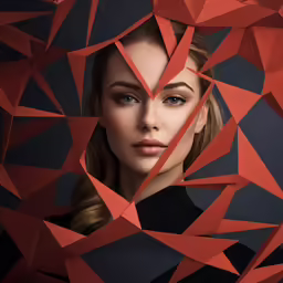 woman with blue eyes through red triangles in front of her