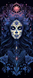 an intricate illustration shows a face in blue and purple,an artistic drawing depicting the face and eyes of a woman