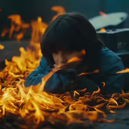 a boy sitting next to a fire and staring at his hand