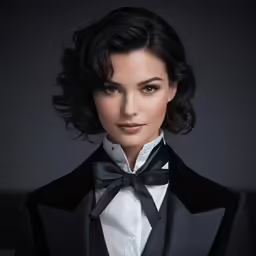 an attractive young woman wearing a black and white tuxedo