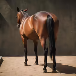 a brown horse stands with its back turned
