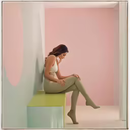 a girl in tight clothing sitting on top of a box