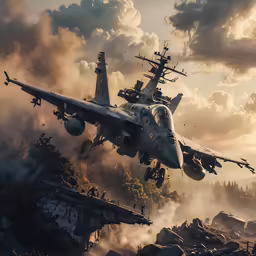 fighter plane in the sky flying over destroyed structures
