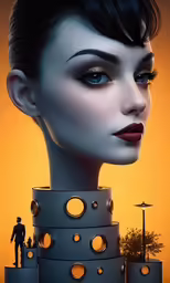 a person wearing make up next to a stack of boxes