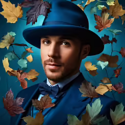 a man wearing a blue suit and bow tie, surrounded by leaves