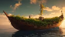 an old ship is filled with leaves on the water,a large boat is sitting in the water