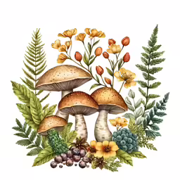 an arrangement of mushrooms, grapes and flowers on a white background