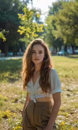 a woman wearing a white shirt and brown pants