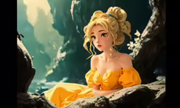 the princess sits on the rocks looking to the left