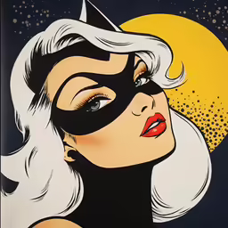 an illustration of a woman with white hair and wearing a black cat eye mask