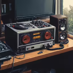 a table with a keyboard, radio, and monitor
