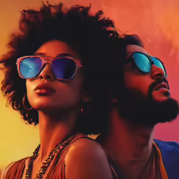 a man and woman with blue sunglasses, on an orange background