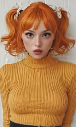 the red hair girl with pale skin is wearing a black and white belt