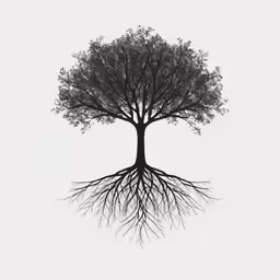 a black and white tree with the roots exposed