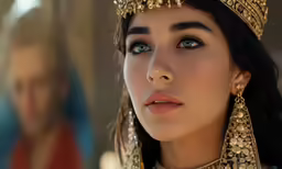 the woman with golden jewelry looks into the distance