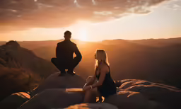 the couple are sitting on the rocks with the sun setting behind them