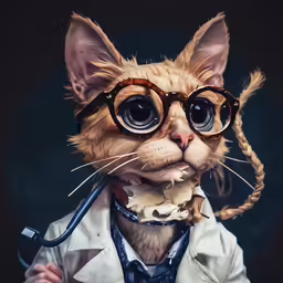 a cat with eye glasses has his teeth tied up