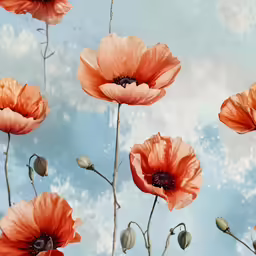 three red poppy flowers in the sky
