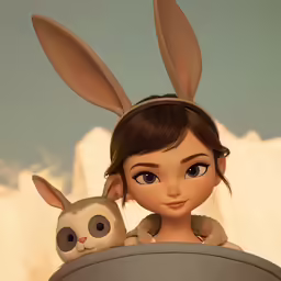 a girl with a cute bunny rabbit on her shoulder and a racoon