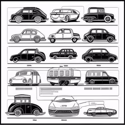 different types of cars are in this drawing,some cars are in all different lines and shapes