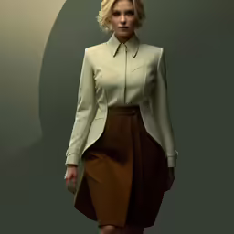 the woman is wearing a jacket and brown skirt