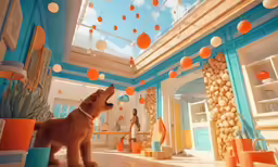 two dogs in the foreground with decorations and a woman walking past in the distance