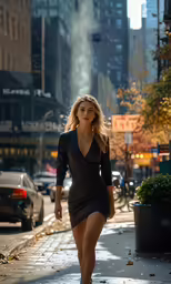 a woman is walking down the street in a short skirt