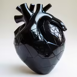 a black glass heart sculpture sitting on top of a table