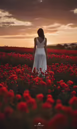 the woman in the white dress is walking through a flower field