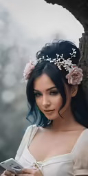 the girl is looking at her cellphone and posing by the tree