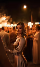 the actress is wearing an elegant beige dress