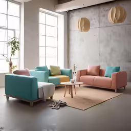 an interior living room with two light colored sofas