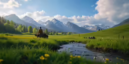the man rides an ox in the middle of a meadow with mountains in the distance
