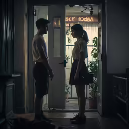 a man and a woman are standing in a doorway at night