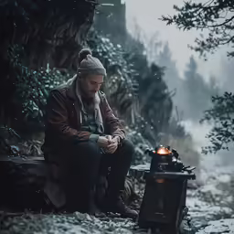 a man sitting by his campfire on the ground