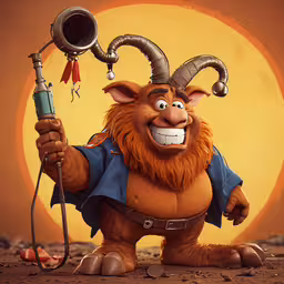 a close up of a cartoon character with horns and a microphone,there is a very cute cartoon devil with big horns