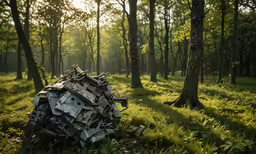 a bunch of scrap metal items piled into a ball in the grass