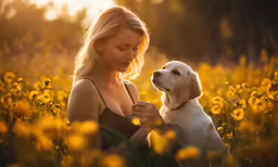 the woman is petting the dog while outside