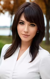 the woman is posing for a photo in white shirt