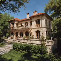 a large stone house is shown from the side