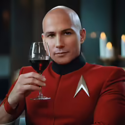 a person in a red suit holding a glass of wine