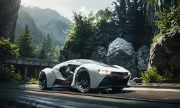 a sports car is on the side of a mountain road