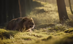 the large lion is standing in the woods