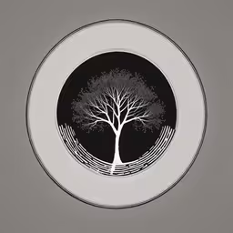 a plate with a tree etched into it,black and white artwork of a tree on a grey background