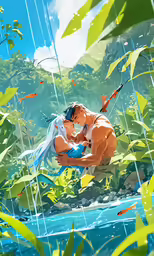 two young people sitting under a cloudy sky near a river with fish swimming in it