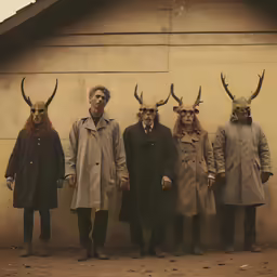 five people standing next to each other and dressed up in costume