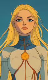 a young woman with blonde hair wearing a blue outfit