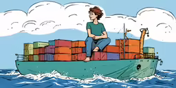 a man sits on a boat loaded with cargo