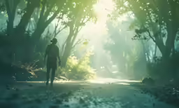 a person walking down a street with trees on both sides