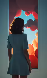 a woman in a blue dress looking at a red and orange art